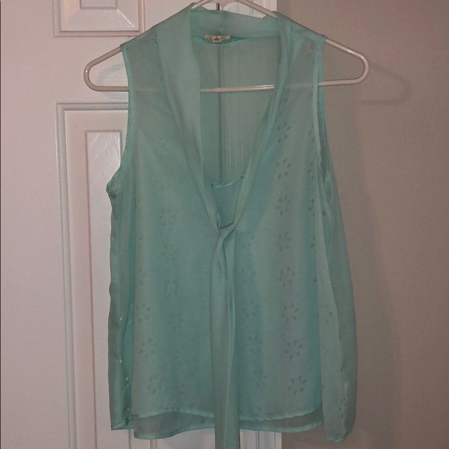 Sheer Sea Foam Green Tie Neck Shirt